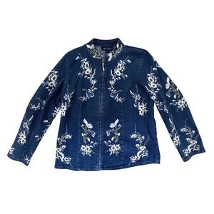 Denim & Co Blue Floral Embroidered Jean Denim Jacket Zip‎ Front Small Western